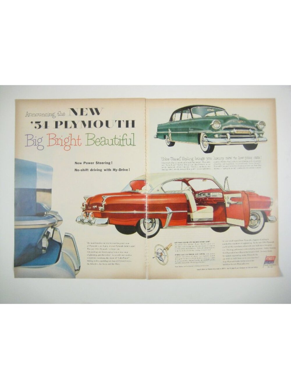 1954 Plymouth Ad Print Bright Beautiful Vintage Car Ad MOD 2 Page Auto